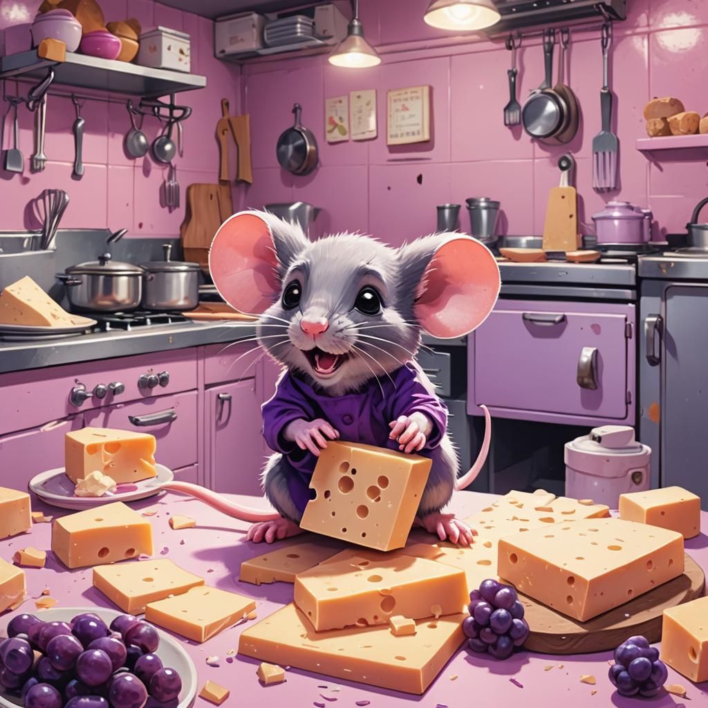 Cute Mouse Hoarding Cheese in 50s Anime Kitchen