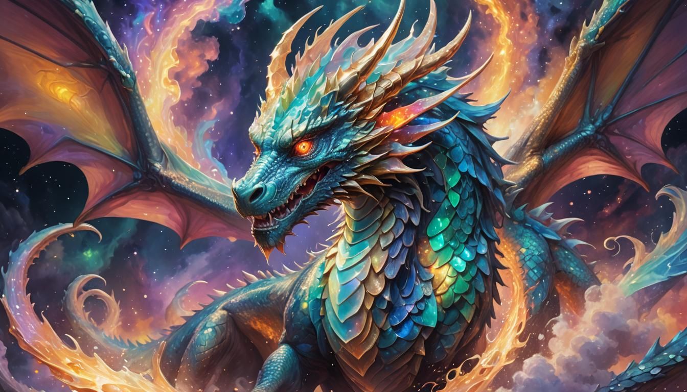 Opal Dragon in Mystical Aura, Digital Painting