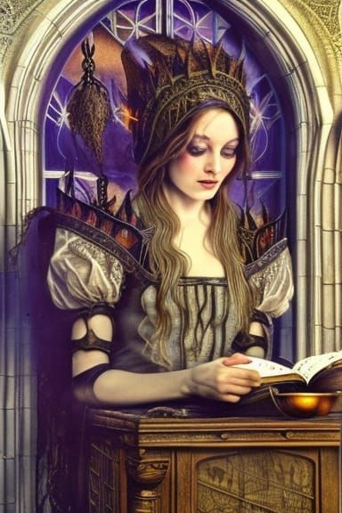 Young Witch Cooking Spell in Gothic Kitchen