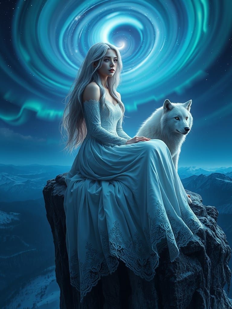 Girl in Elegant White Gown with Luminescent Hair, Surrounded...