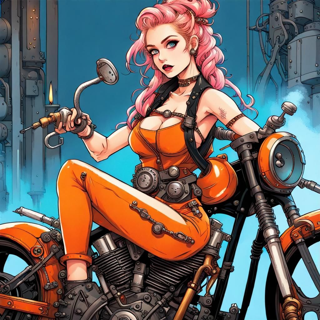 Steampunk Mechanic Girl Repairs Chopper Motorbike