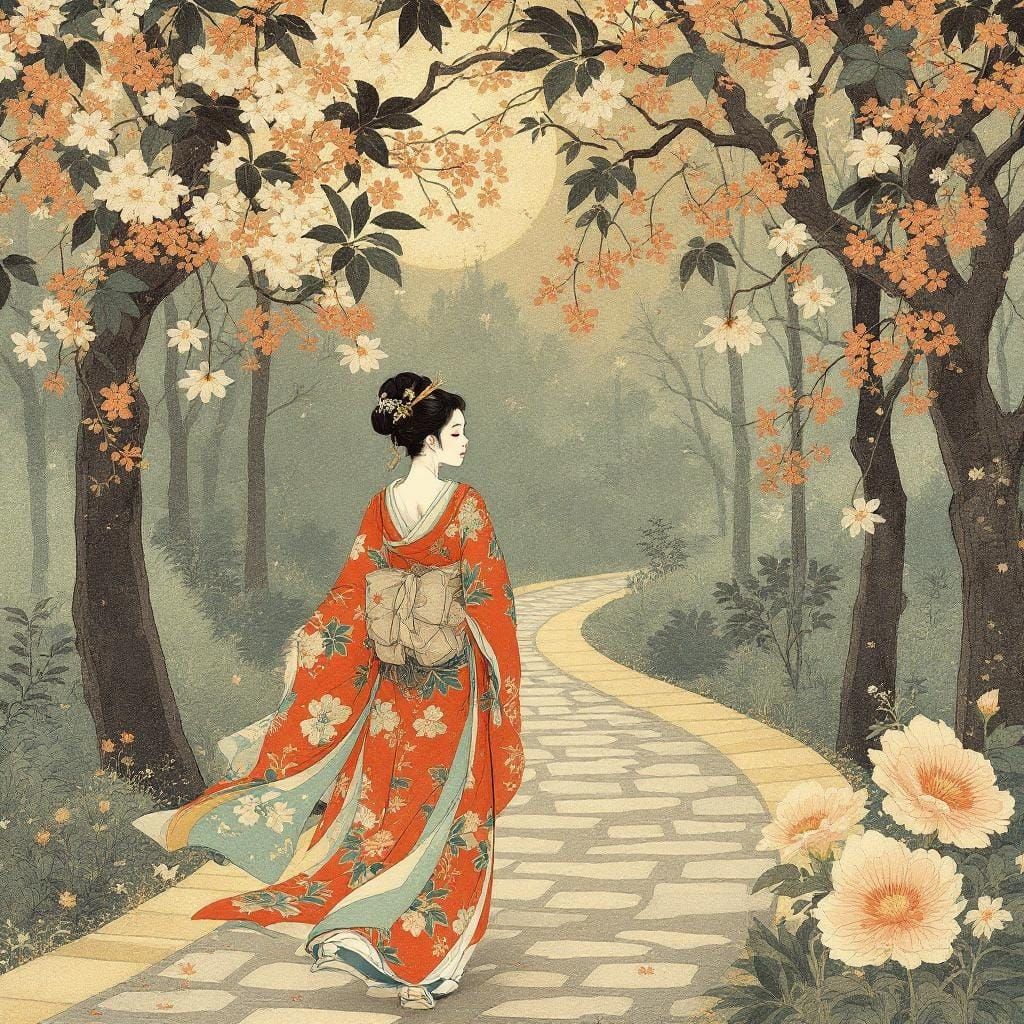 Ukiyo-e Woman Walking Down Quiet Street