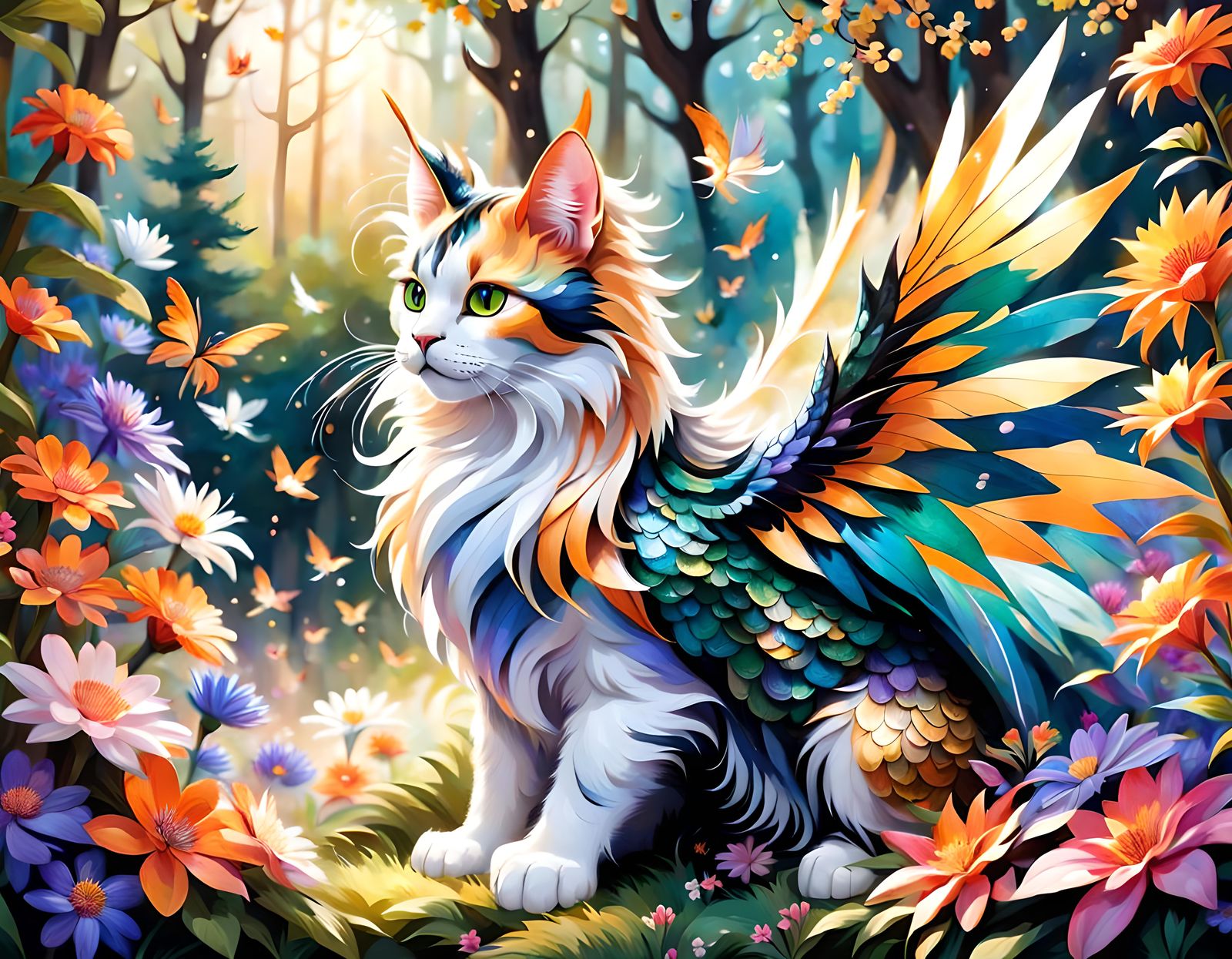 Calico Cat Dragon in a Flower Forest