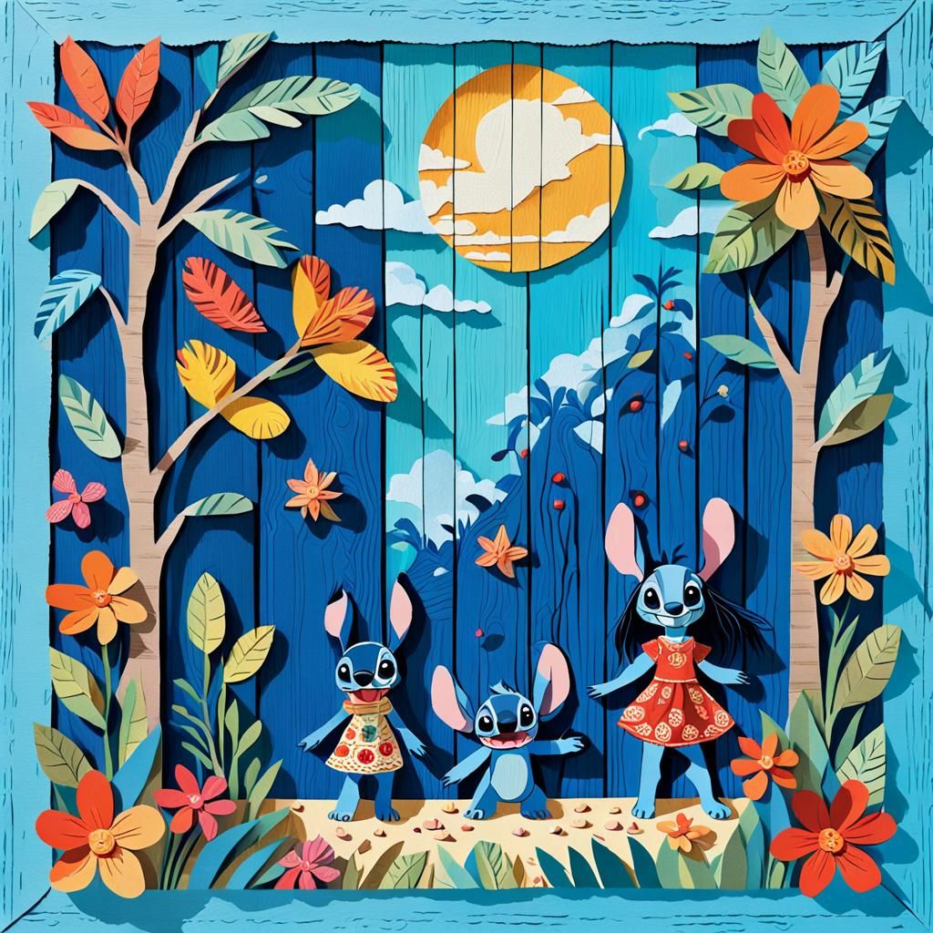 Lilo and Stitch Folk Art Collage on Wood