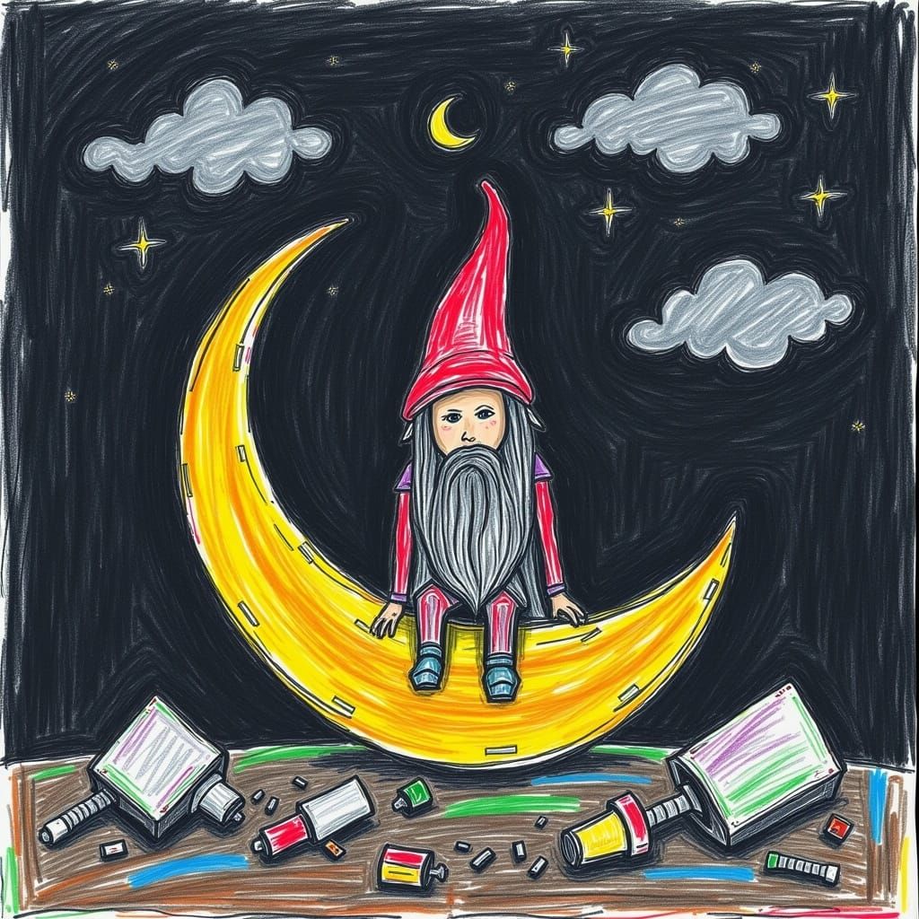 Gnome on Crescent Moon in Ethereal Landscape