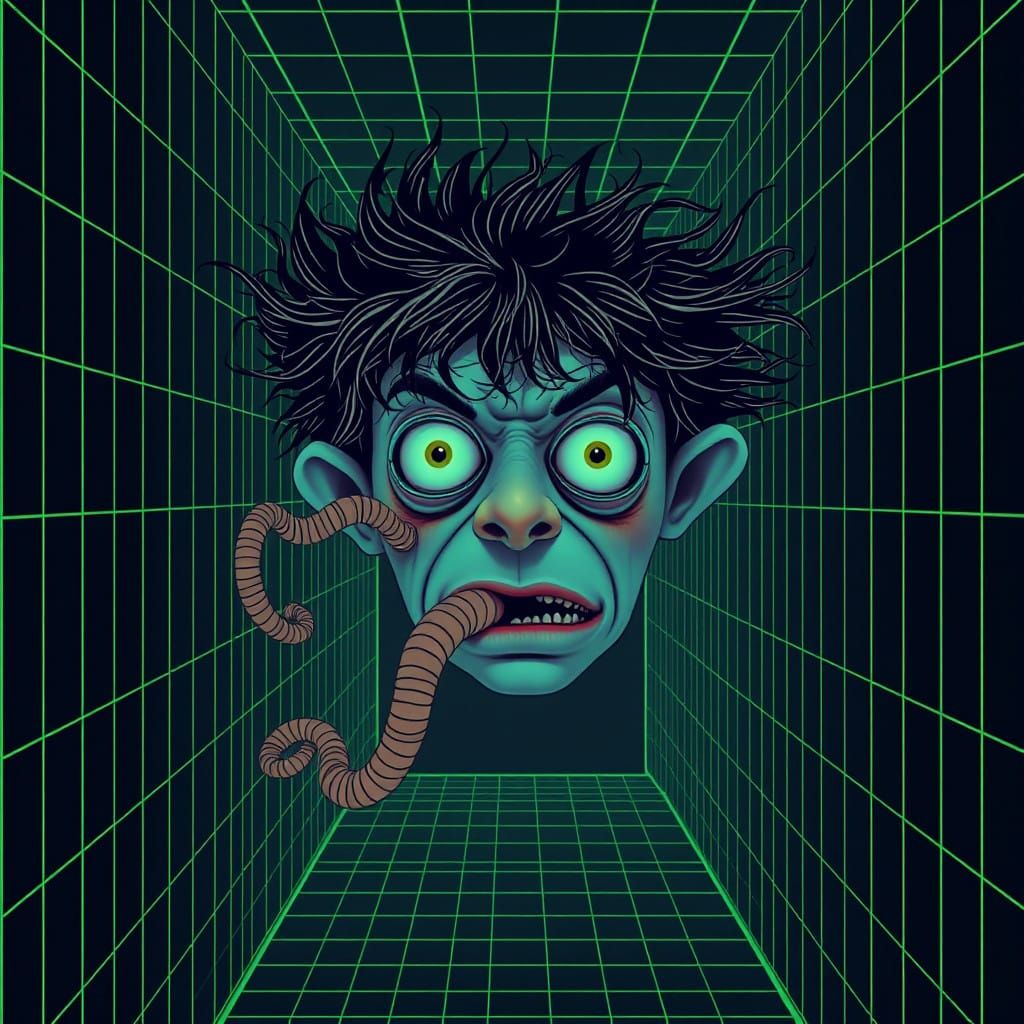 Floating Head in Retro-Style Corridor