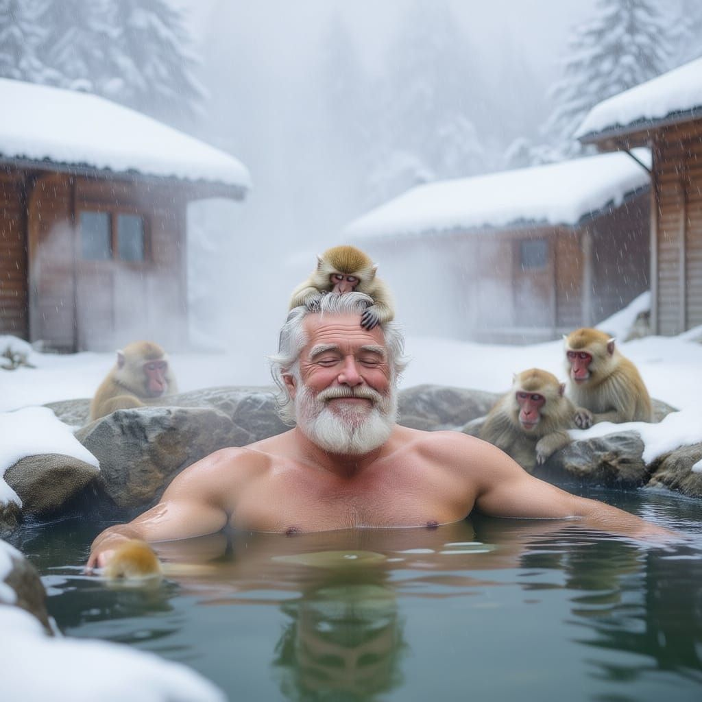 Santa Claus Enjoys Snowy Outdoor Hot Spring