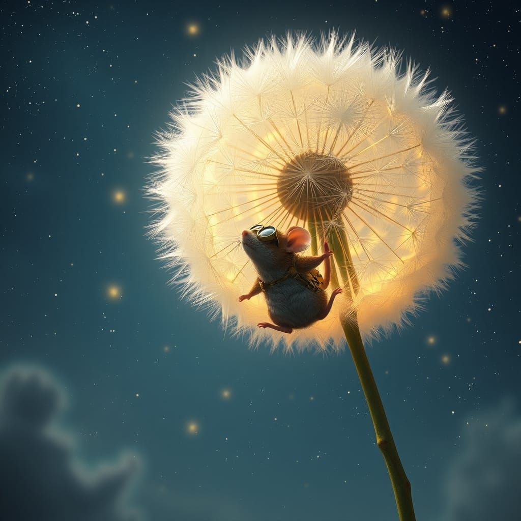 Mouse on Dandelion Seed in Starry Sky