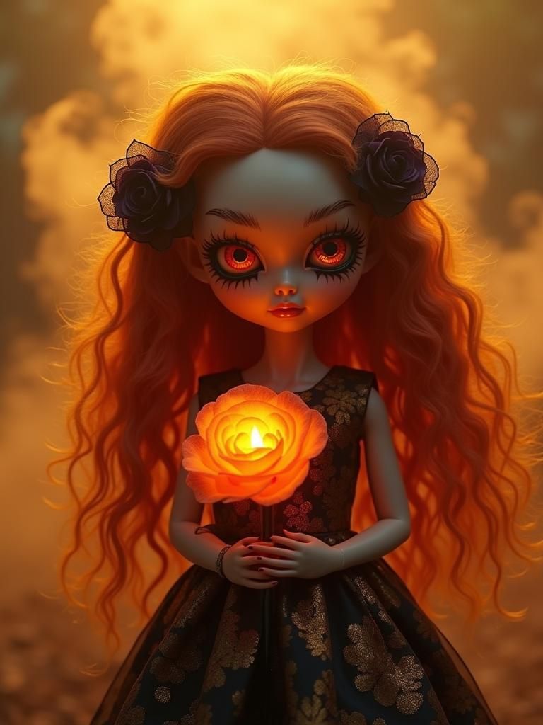 Spooky Doll with Burning Rose and Golden Aura