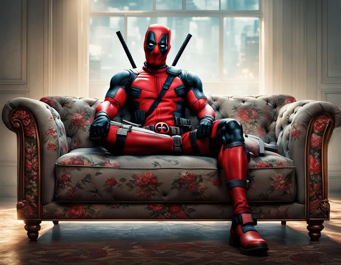 Deadpool Posing on Sofa: Marvel Cinematic Scene