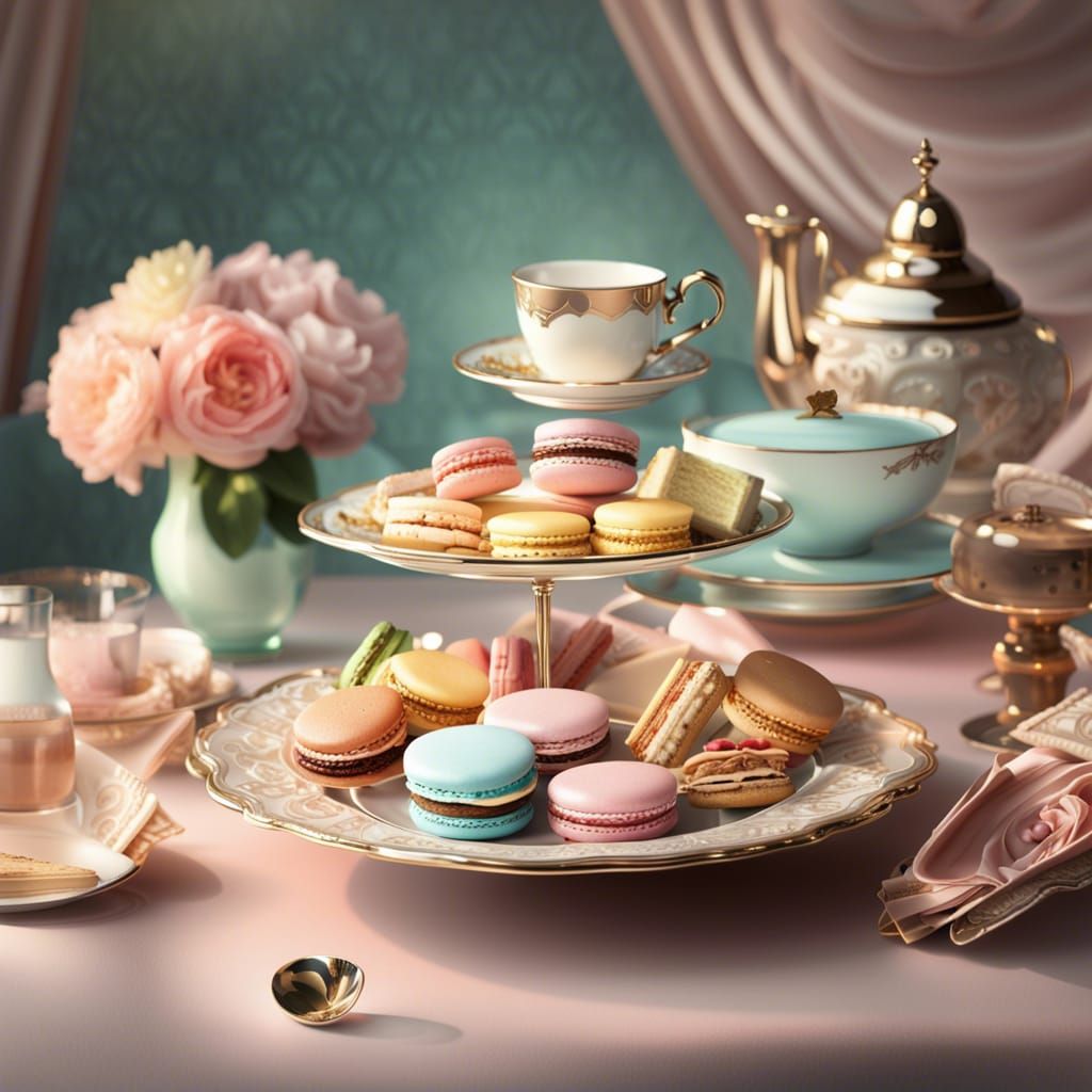 Exquisite Afternoon Tea Table Setting, Hyperrealistic