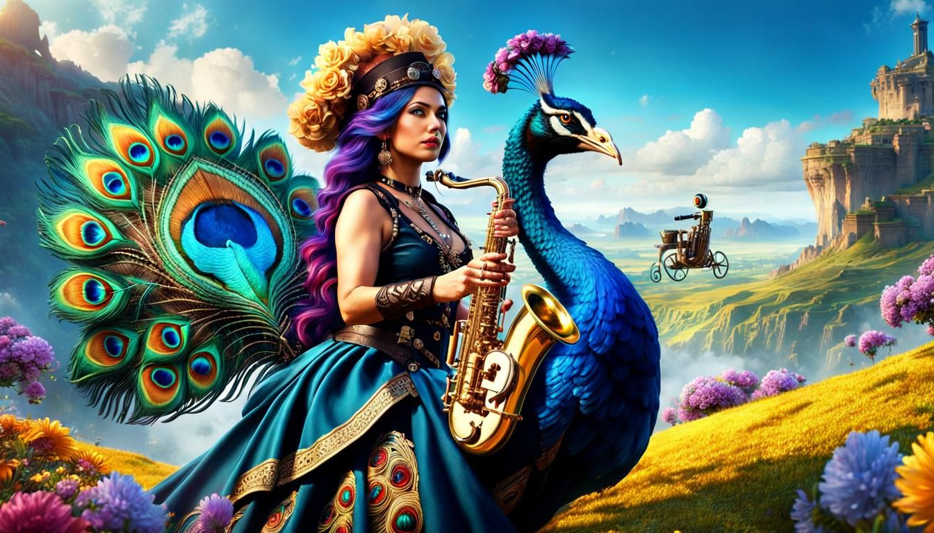 Gypsy Woman Rides Peacock in Steampunk Landscape