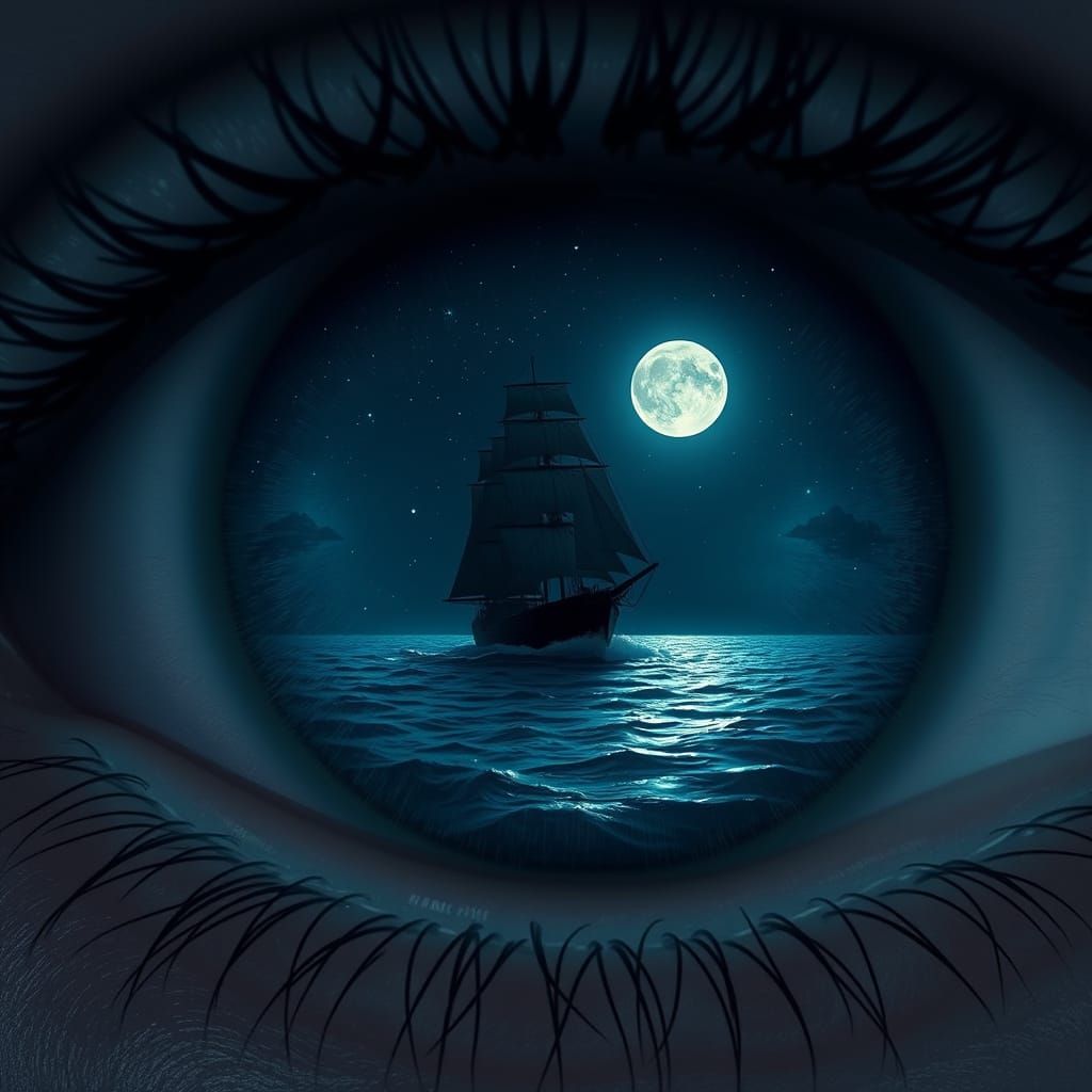 Ship Sails in Eye on Starry Night Sea