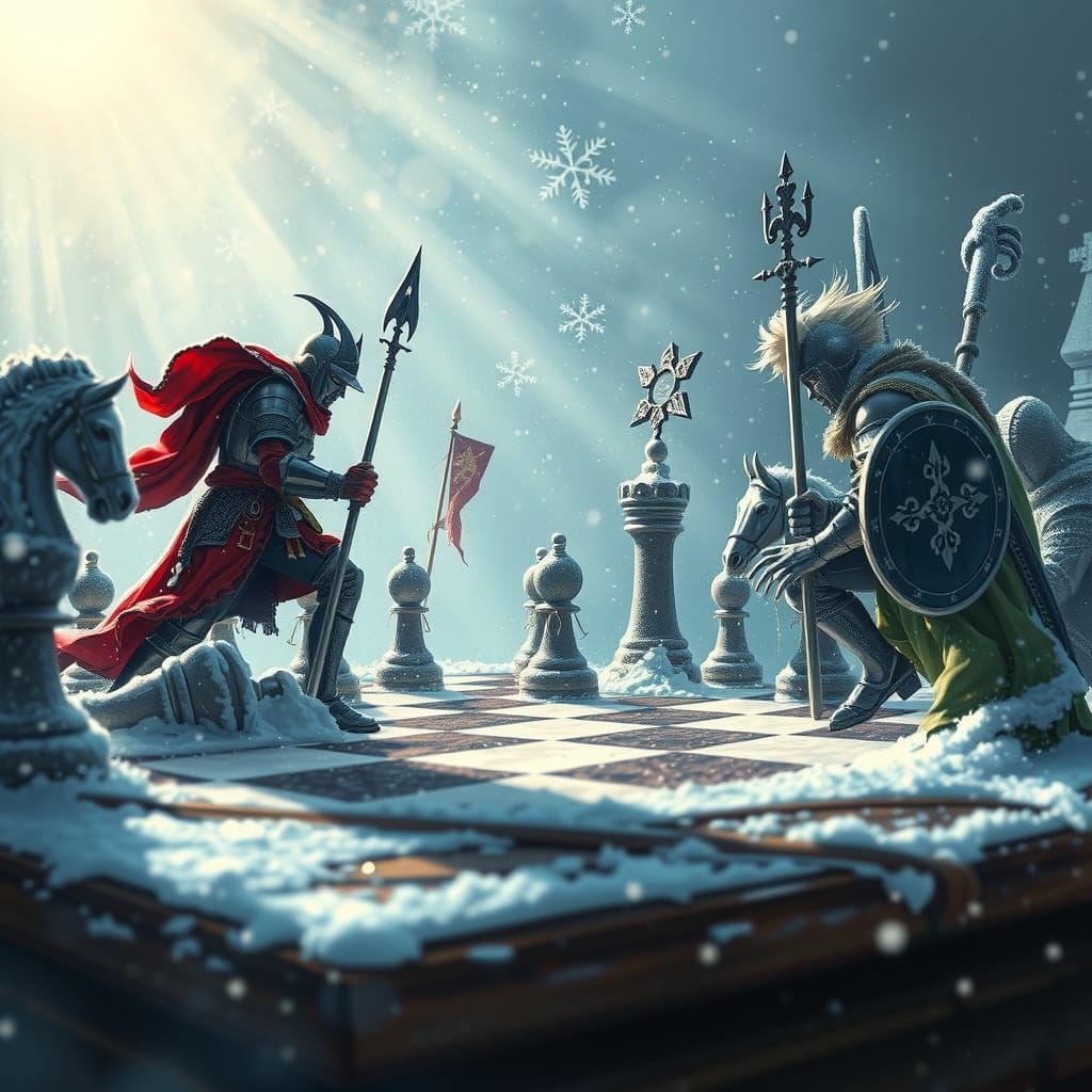 Majestic Crusader Knights on a Chessboard of Swirling Snow