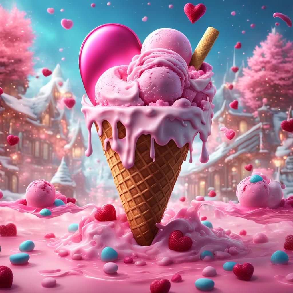 Pink Heart Ice Cream Dessert: Detailed Matte Painting