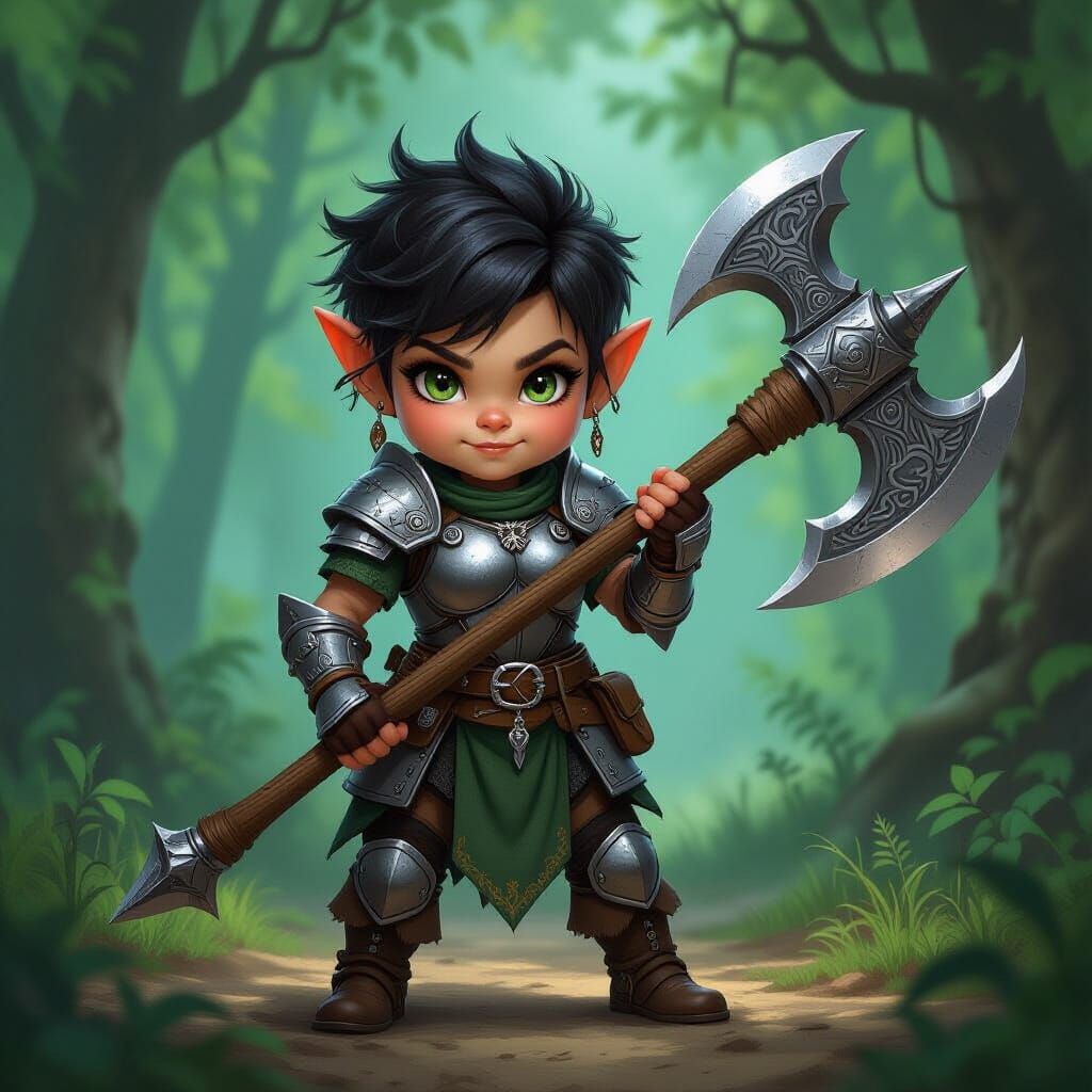 Androgynous Gnome Warrior With Great Axe in Forest