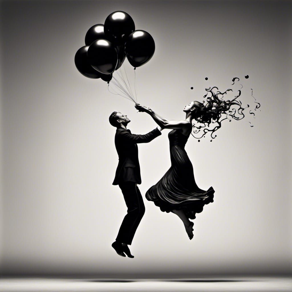 Man Holds Woman Balloon in Dadaism Style