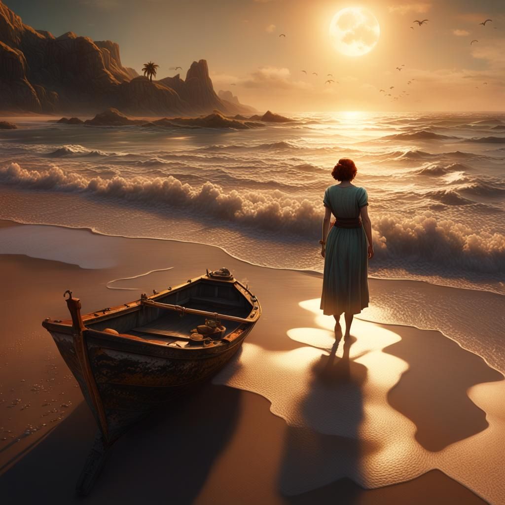 Woman Gazing at Sunset: Detailed Matte Painting