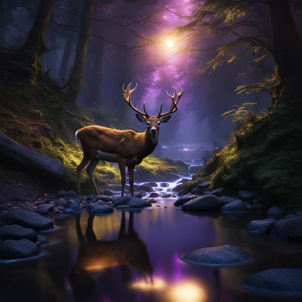 Enchanted Deer in Forest, Fantasy Concept Art