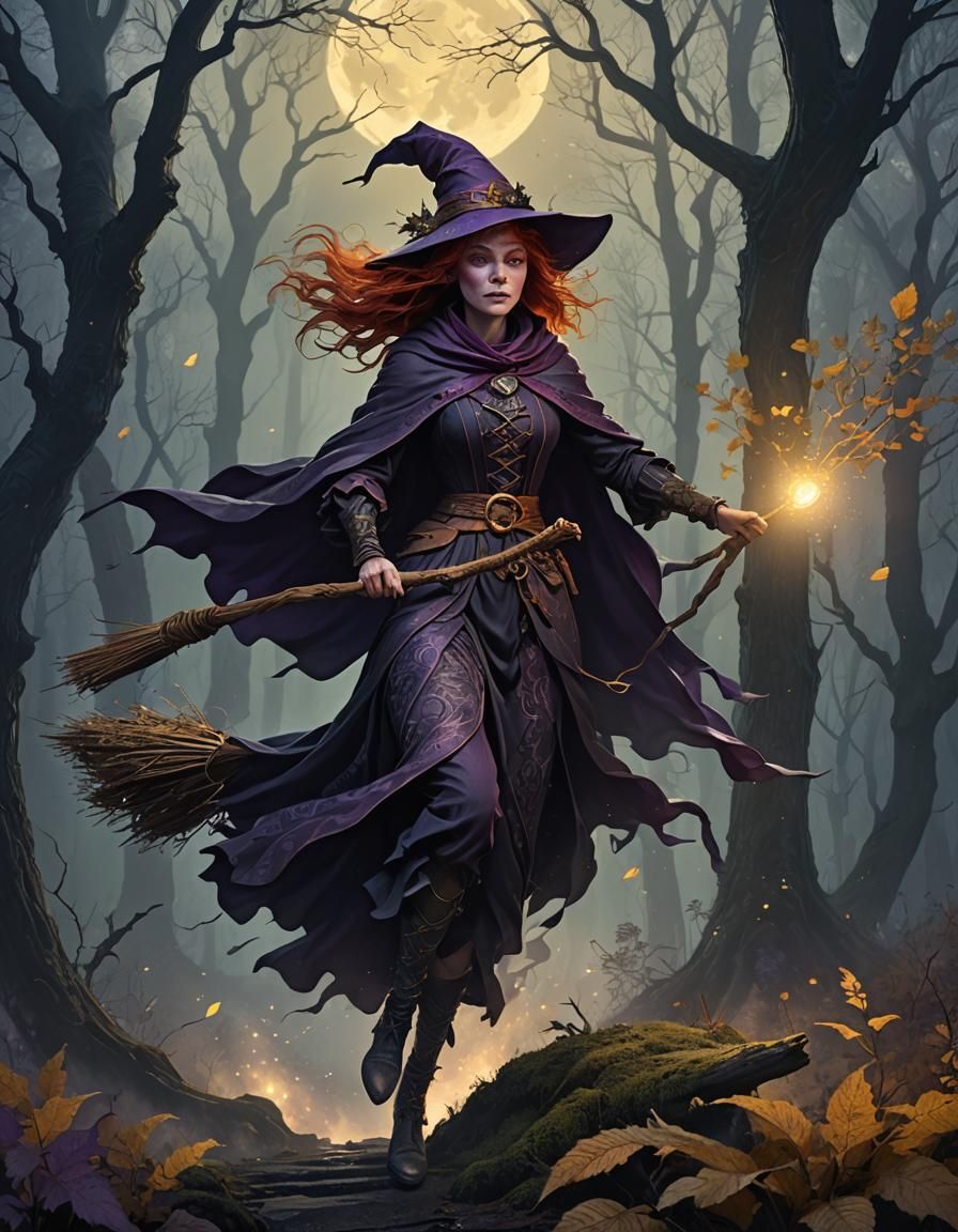 Redhead Witch Rides Broom in Moonlit Forest
