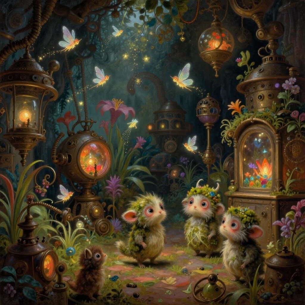 Whimsical Steampunk Chamber with Magical Creatures