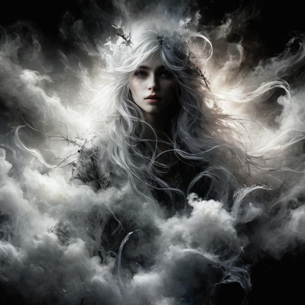Ethereal White-Haired Woman in Misty Dark Fantasy