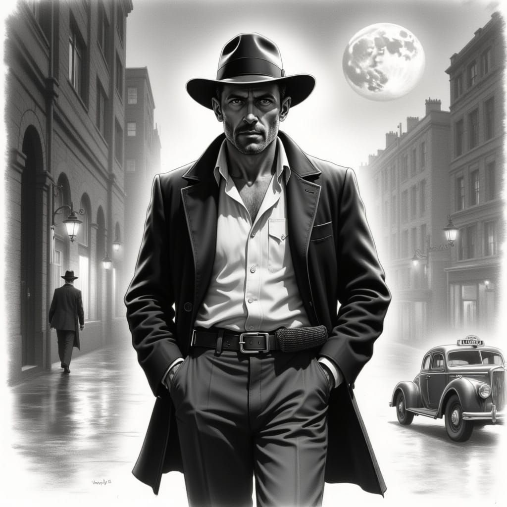 1930s Noir Detective in Charcoal Drawing
