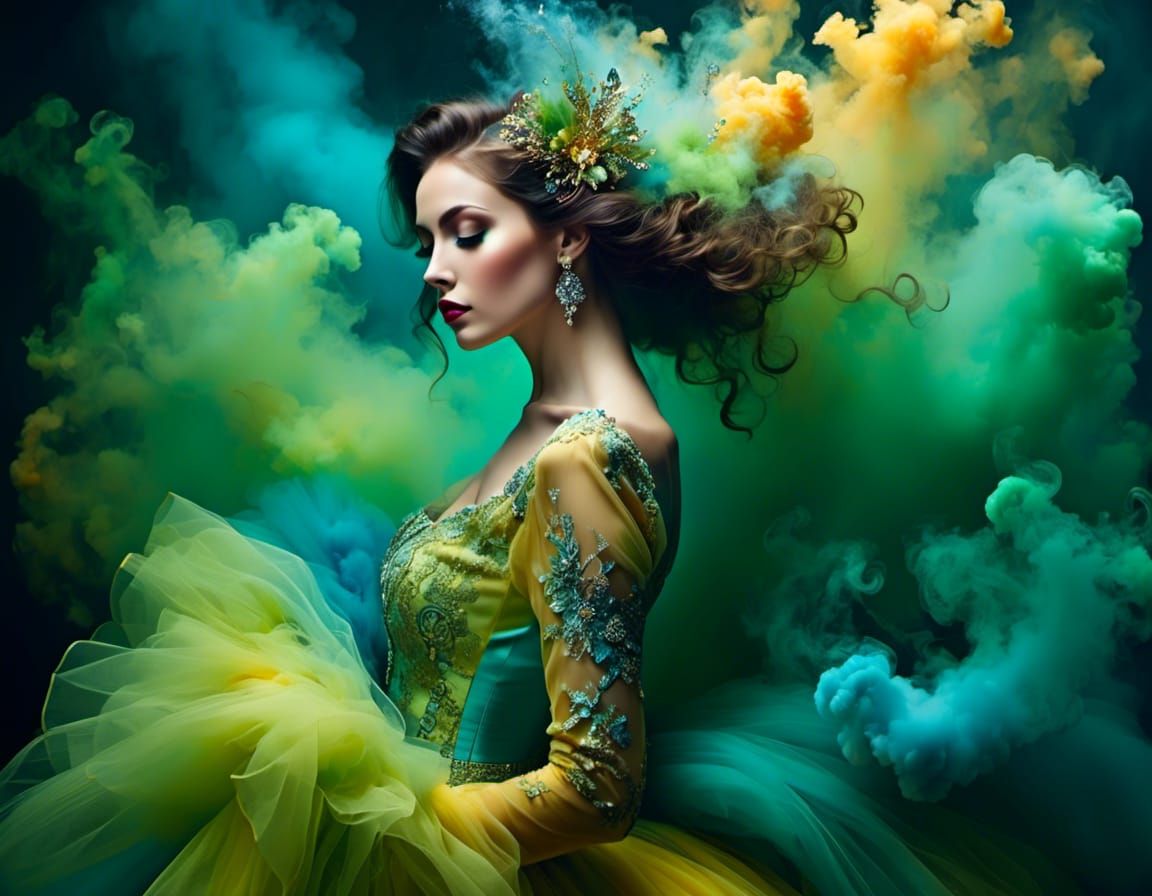 Glamorous Luxury Brooch in Yellow and Turquoise Smoke