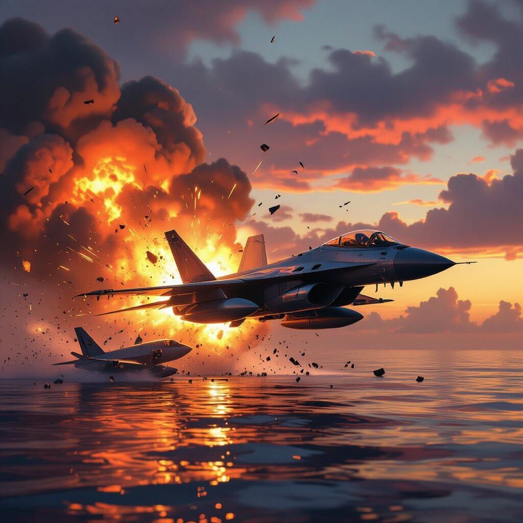 Jet Fighter Explosion in Golden Dawn Sky