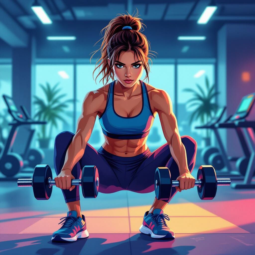 Teenage Fit Girl Exercising in Gym: Digital Art