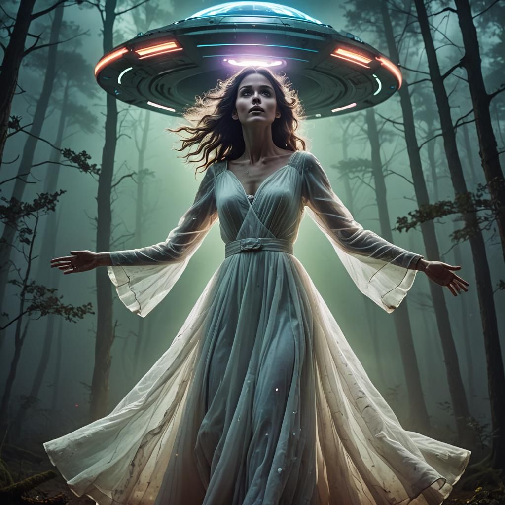 Ethereal Woman Ascends to UFO in Neon Light