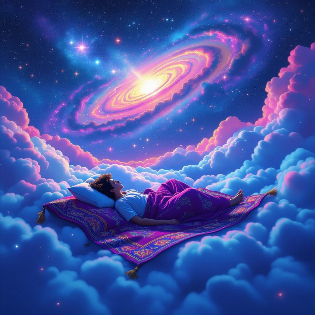 Psychedelic Dreamscape: Person Drifting on Magic Carpet