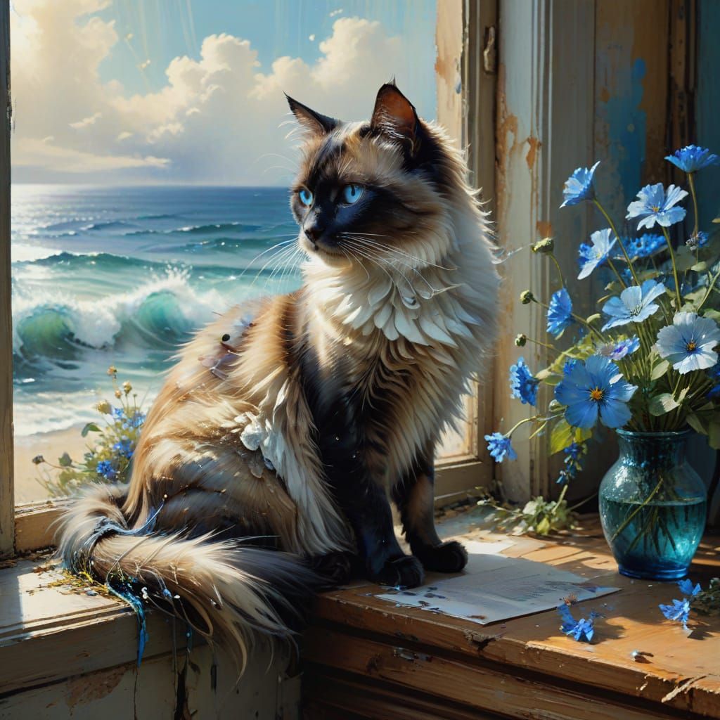 Art Nouveau Siamese Cat on Windowsill Overlooking Ocean