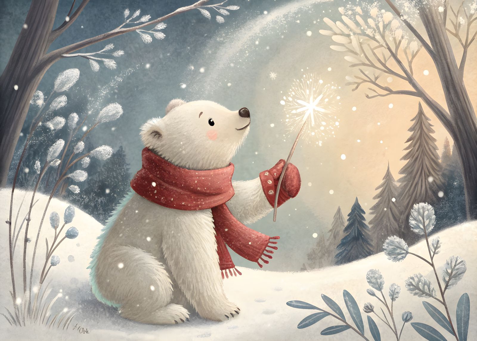 Whimsical Polar Bear Cub in Winter Wonderland