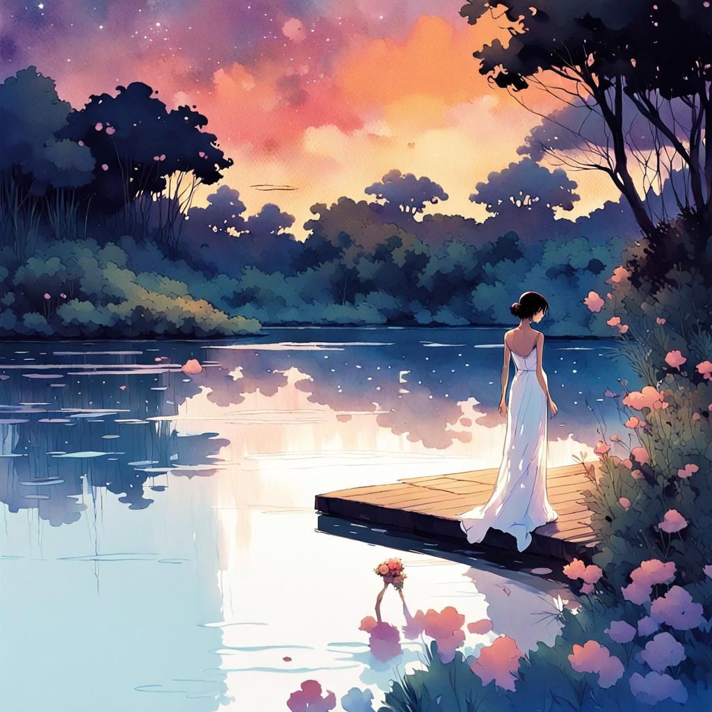 Woman at Lagoon in Manga Style Illustration