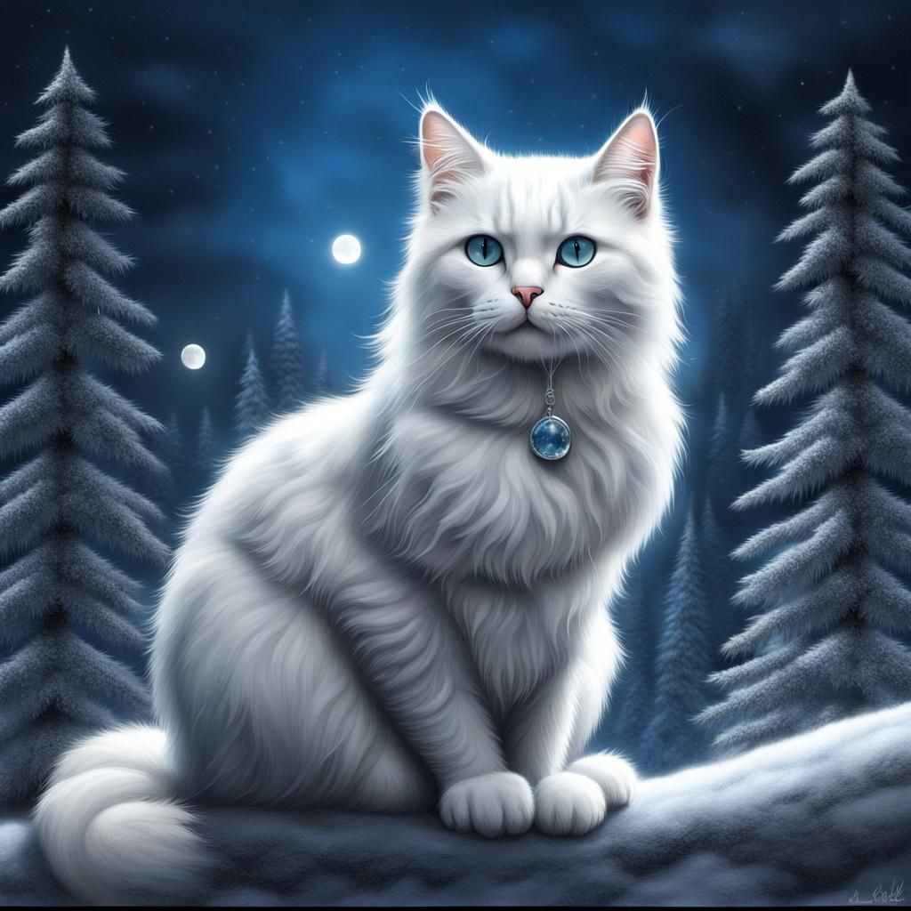 Photorealistic Cat with Star Mark in Frosty Forest