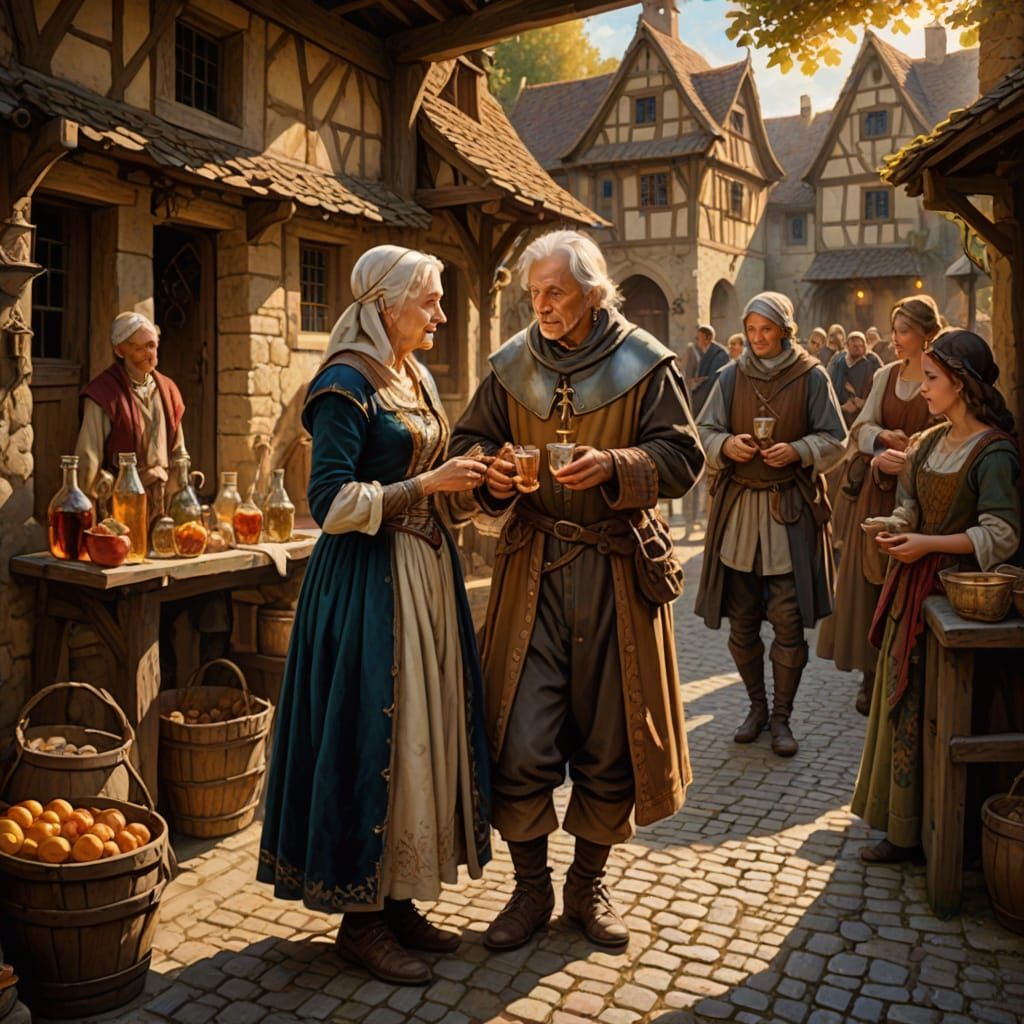 Old Woman Gifts Bottle to Young Man at Medieval Village Fair