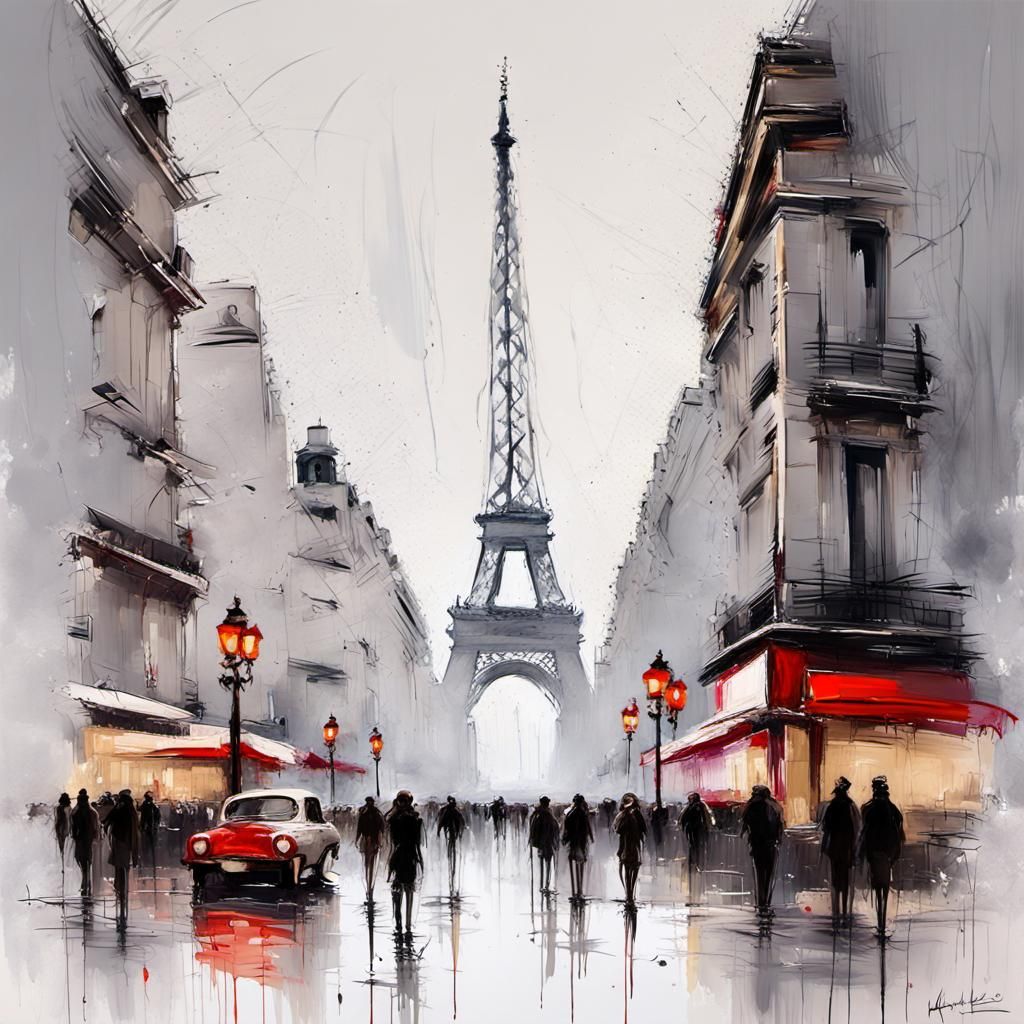 Paris Skyline in Distressed Abstract Sketch Style