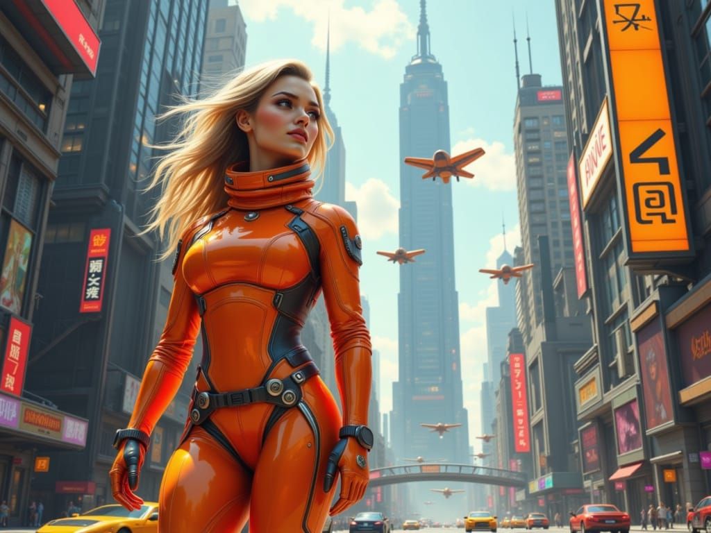 Futuristic Cityscape with Floating Cars and Woman in Orange ...