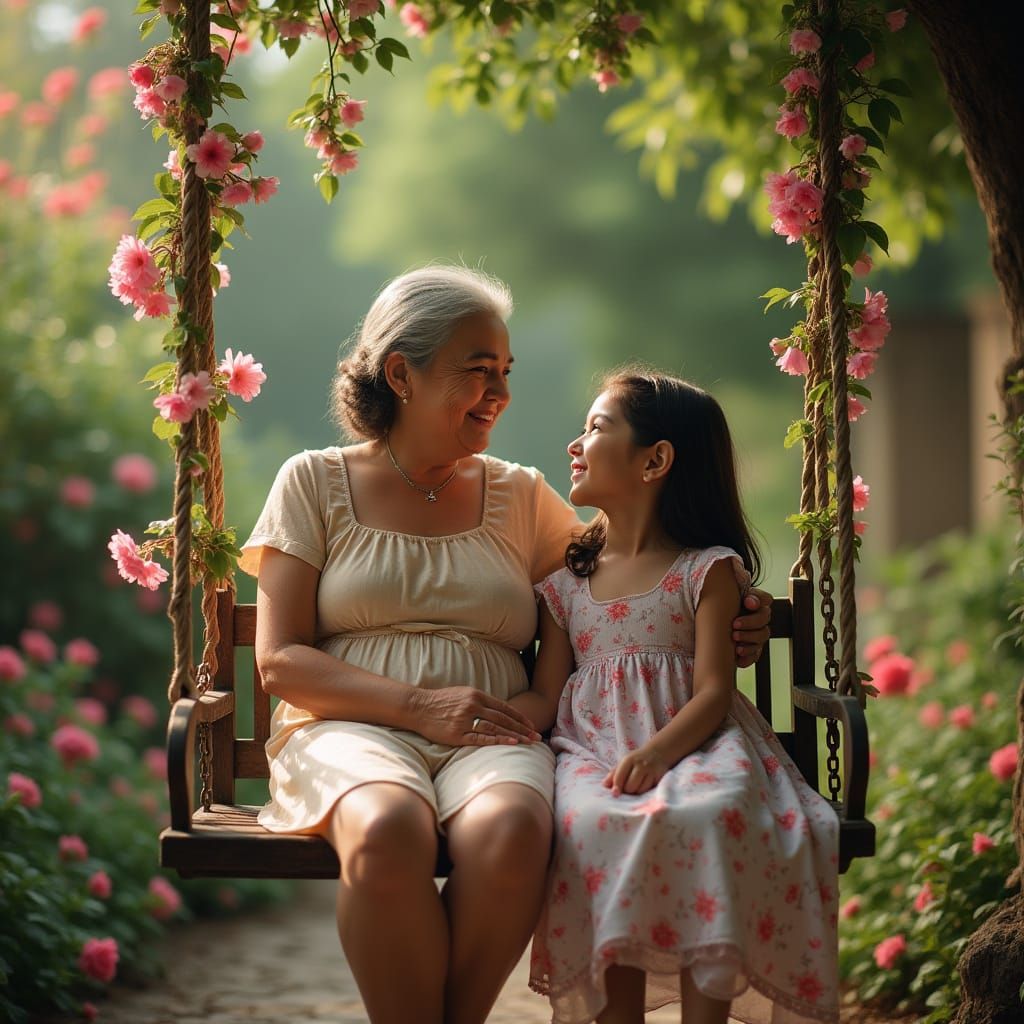 Girl and Grandmother on Garden Swing, Cinematic Still