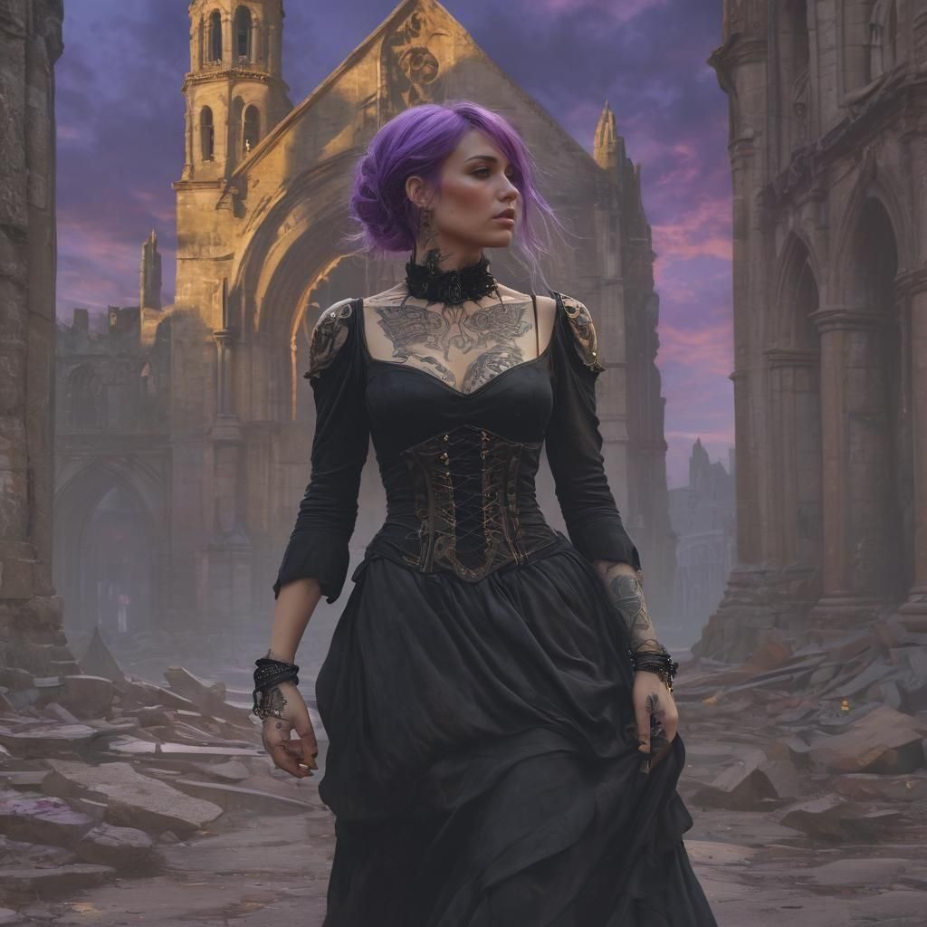 Woman Walking from Abbey Ruins at Dusk