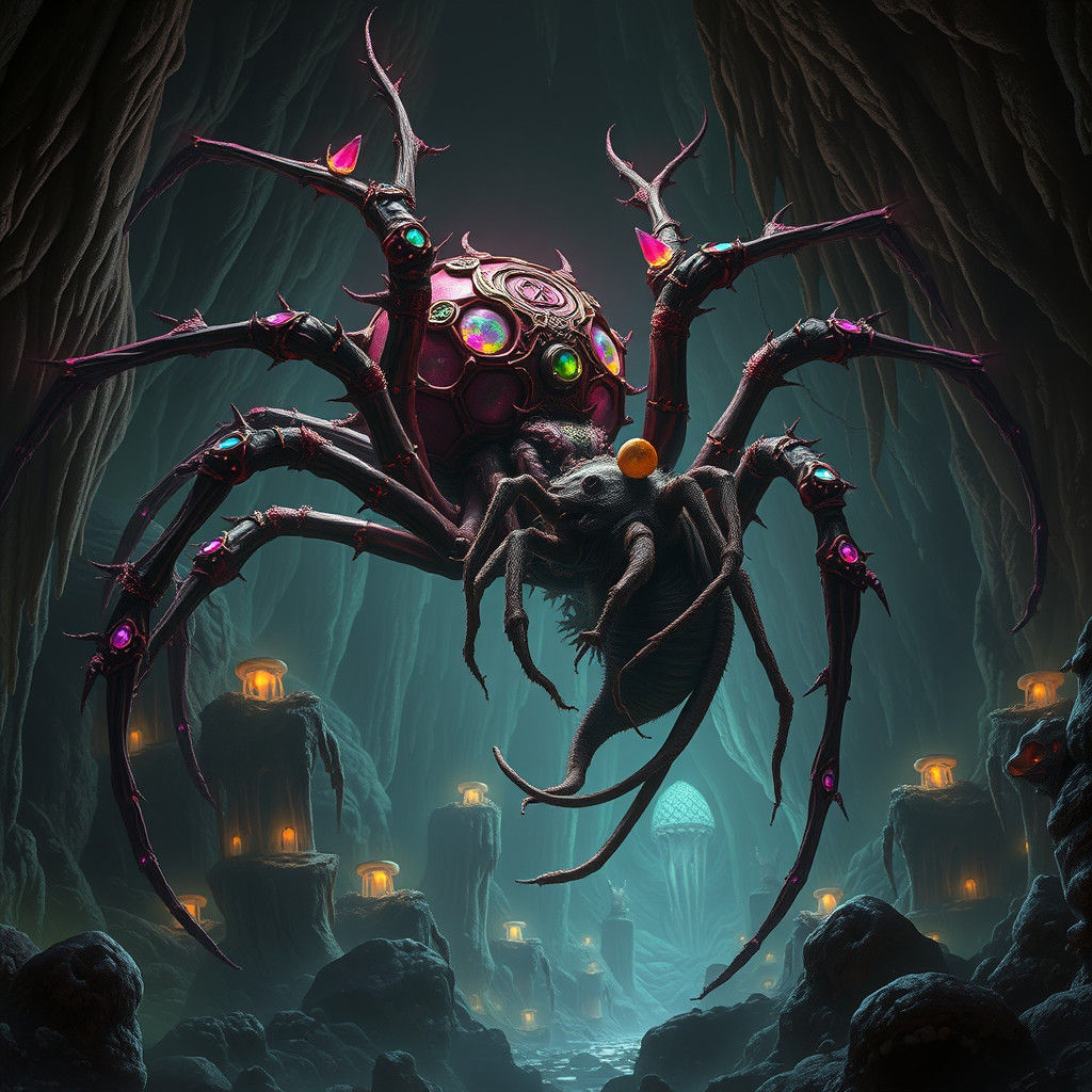 Rose Spider Hybrid Battle in Bioluminescent Cavern