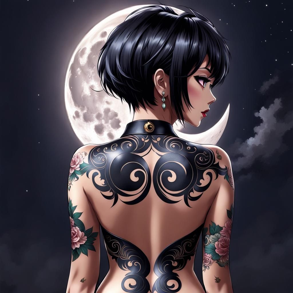 Anime Woman with Moon Tattoo