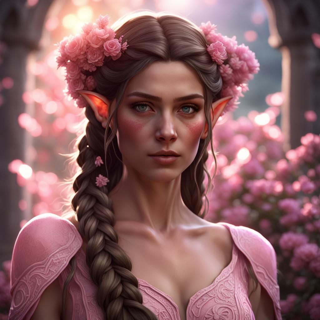 Elven Woman in Floral Dress: Dark Fantasy Art