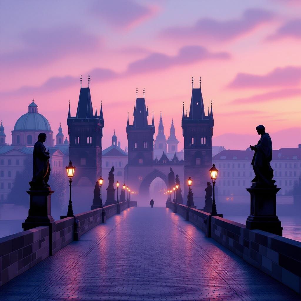 Charles Bridge at Dawn: Gothic and Baroque Silhouette