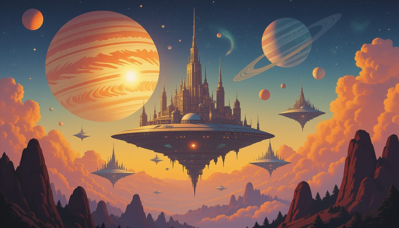 Cosmic City Floating in Space, Digital Gouache Painting