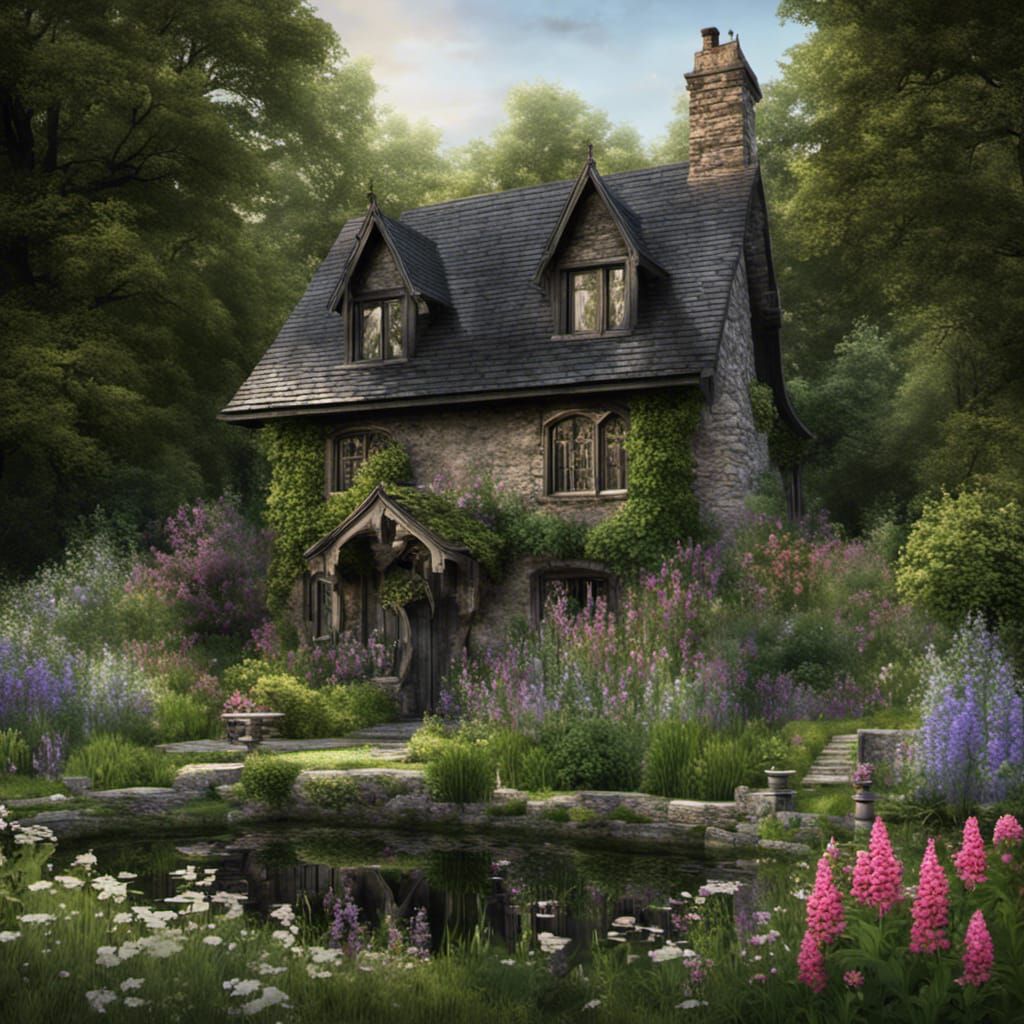 Gothic Cottage in Woods with Wildflowers and Pond