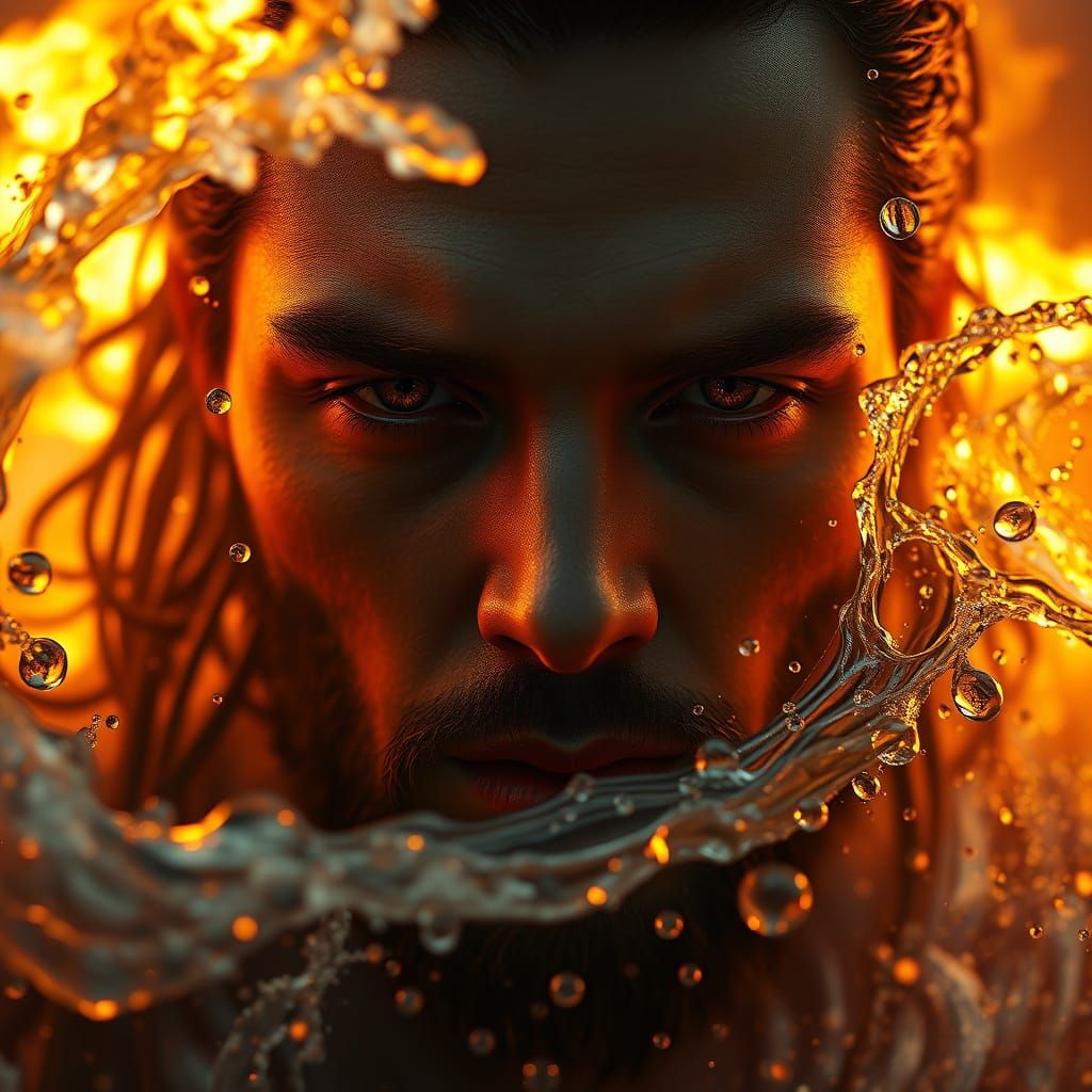 Fiery Portrait of a Man Amidst Swirling Water