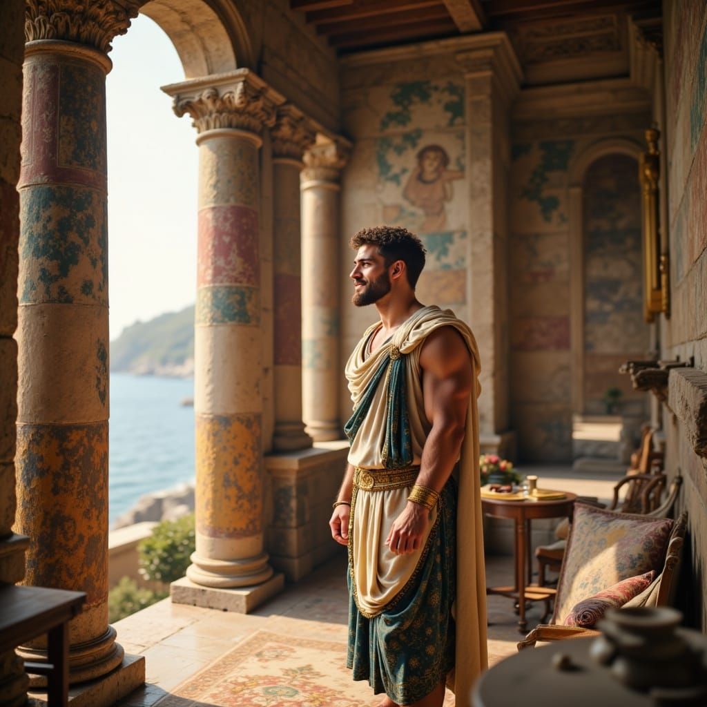Roman Emperor Gazes Over Mediterranean from Opulent Villa