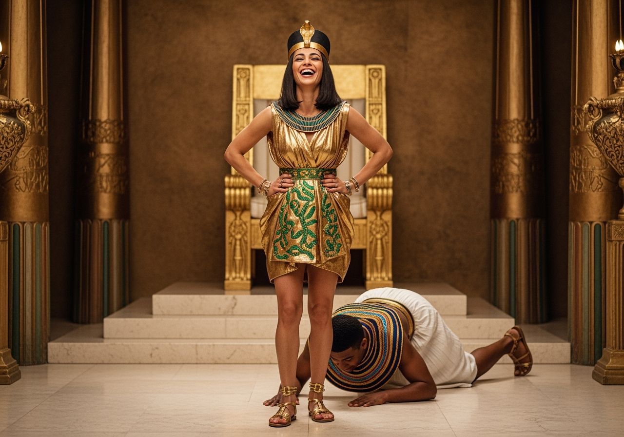 Egyptian Queen Laughing in Opulent Throne Room